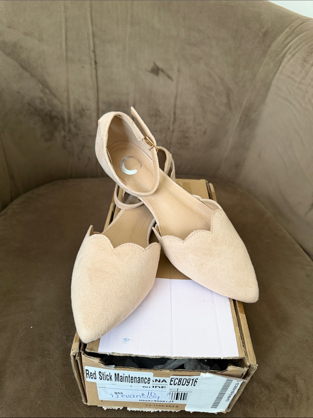 Scalloped Pointed Toe Ankle Strap Flats - Cream New